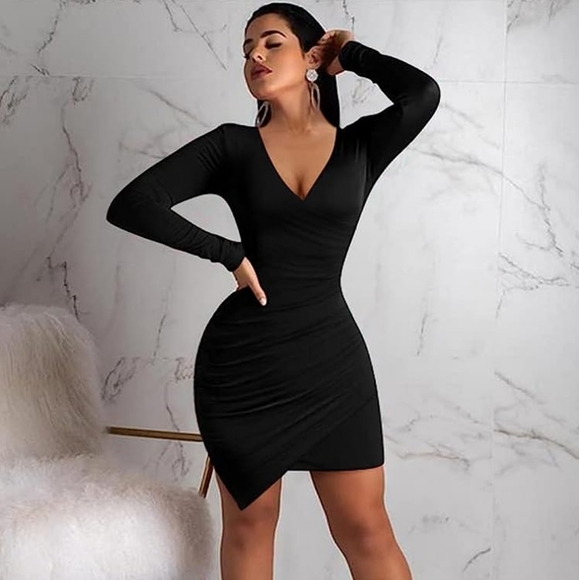 ZileZile Women's Sexy Bodycon Long Sleeve Ruched Deep V Neck Wrap Club M… - Picture 6 of 9